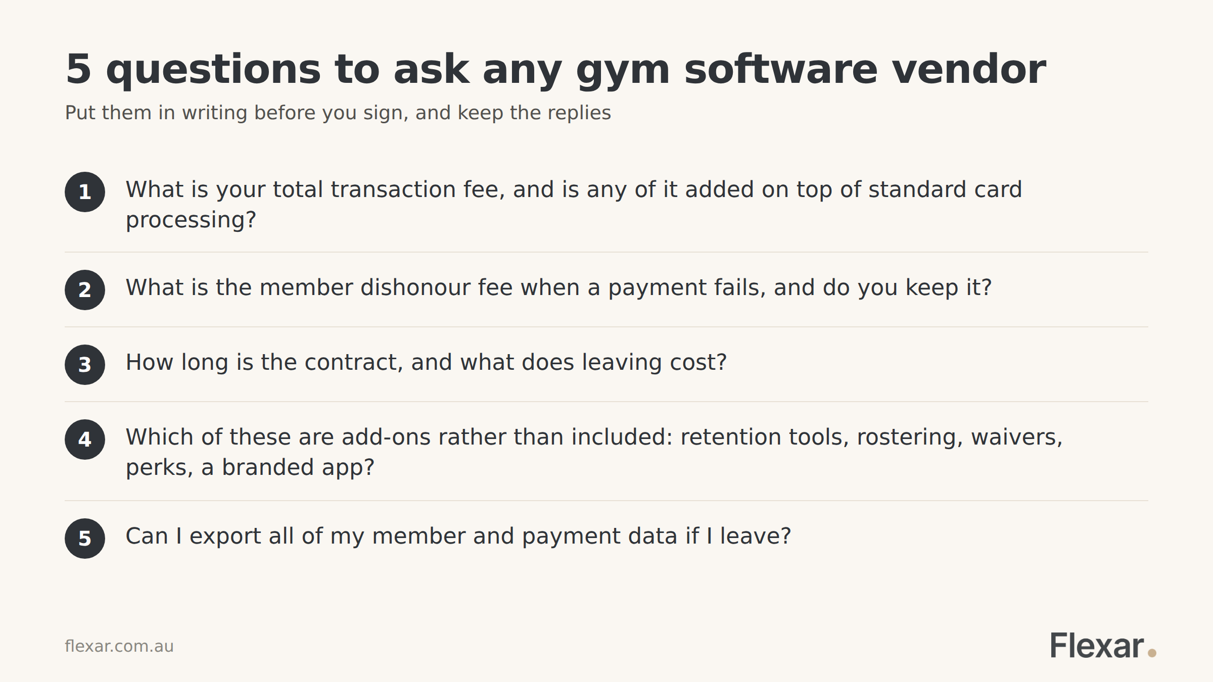Five questions to ask any gym software vendor before signing, including total transaction fee and contract length.