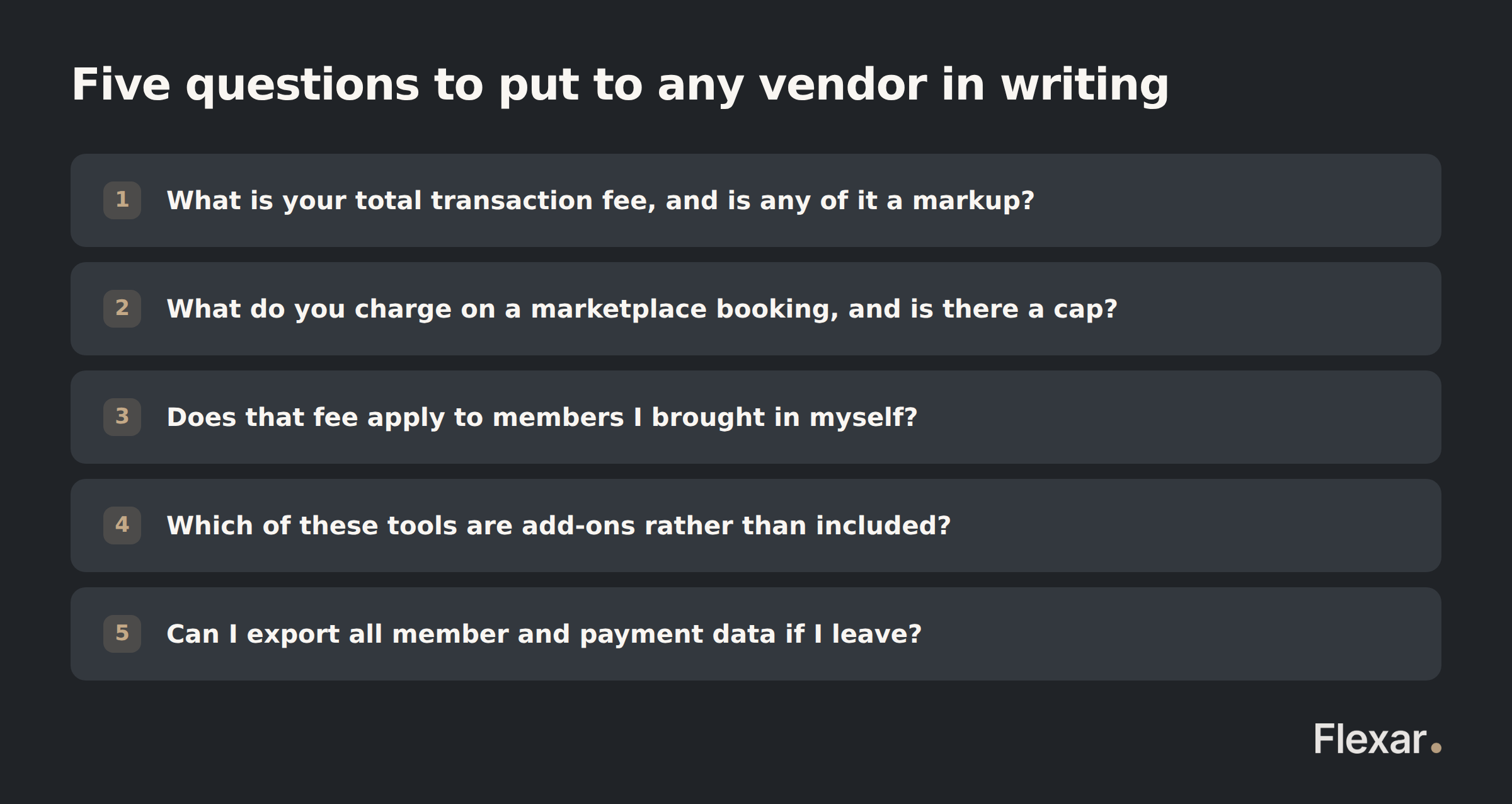 Five questions to put to any gym software vendor in writing, covering transaction fees, marketplace commission, add-ons and data export.